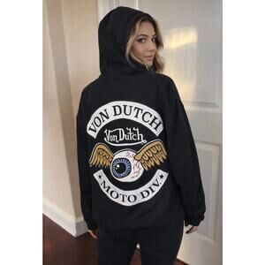 Von Dutch Moto Division Hoodie Medium Black Flying Eye Logo Pullover NWT